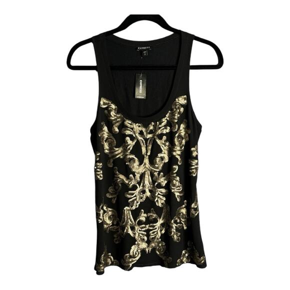 Express Black Tank Gold Sequin Detail Scoop Neckline Size Small - Picture 1 of 7
